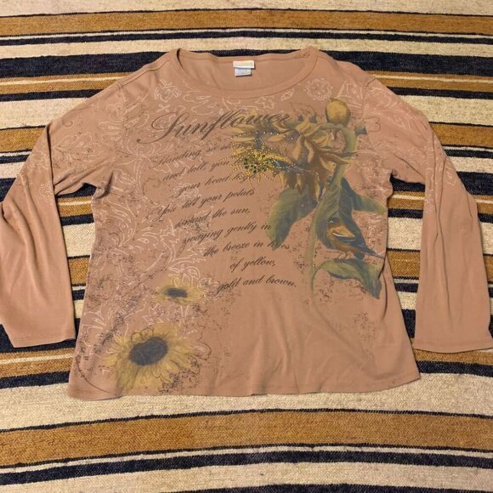 Embellished Y2K Long Sleeve Top Rhinestone All Over Graphic Sunflower Floral XL
